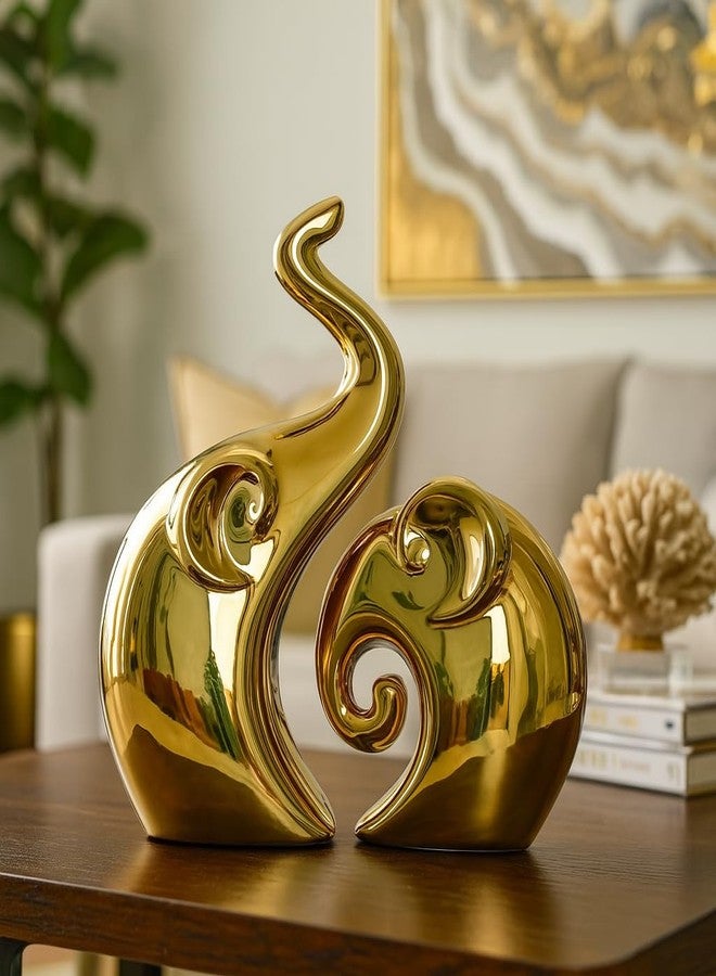 LADROX Lavish Home Decor Golden Elephant Couple Figurine | Piano Finish Ceramic Figures - (Set of 2 Piece, Gold), Love - Image 1